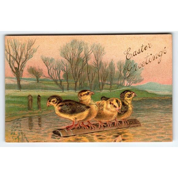 Easter Postcard Baby Chicks Birds Floating On Log On Lake Embossed Germany - Picture 1 of 2